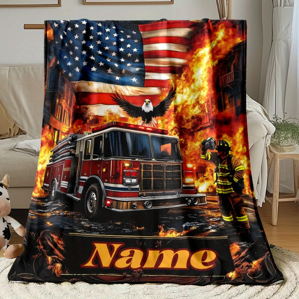Personalized Firefighter American Flag Print Throw Blanket, Custom Name Patriotic Fireman Themed Cozy Blanket, Soft Fluffy Lightweight Blanket for All Seasons, Anti-Pilling Washable Decorative Blanket
