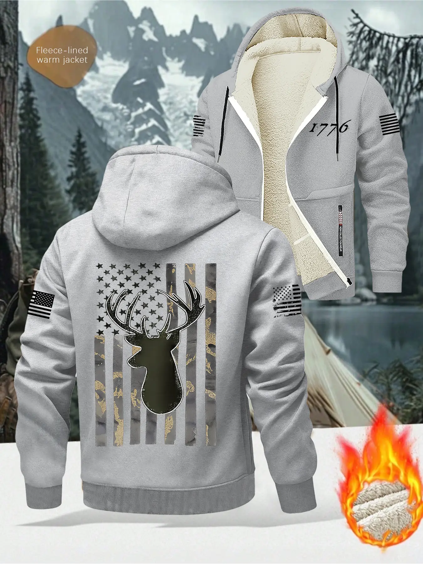 Men's Winter Fleece Lined Loose Long Sleeve Casual Hooded Sweatshirt Jacket, Fashion Camo Camouflage Deer Flag Print, Stylish Zipper Pocket Design, Soft Comfortable Warm Inner Layer