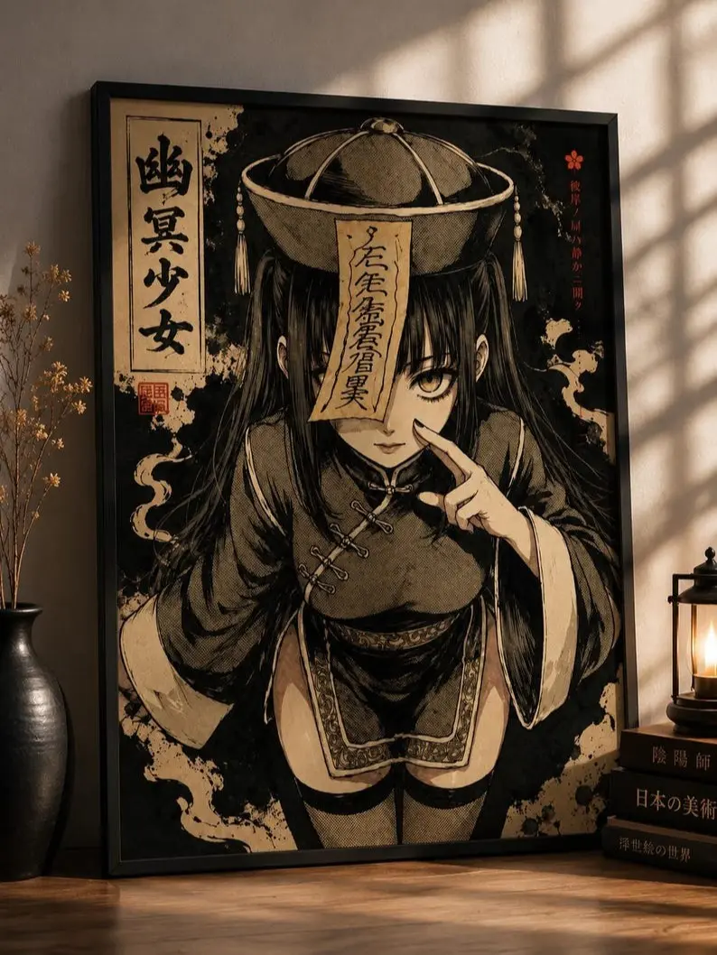 Anime Jiangshi Girl Poster, Gothic Japanese Wall Art, Dark Manga Art Print, Yokai Wall Decor, Anime Room Decor [UNFRAMED]