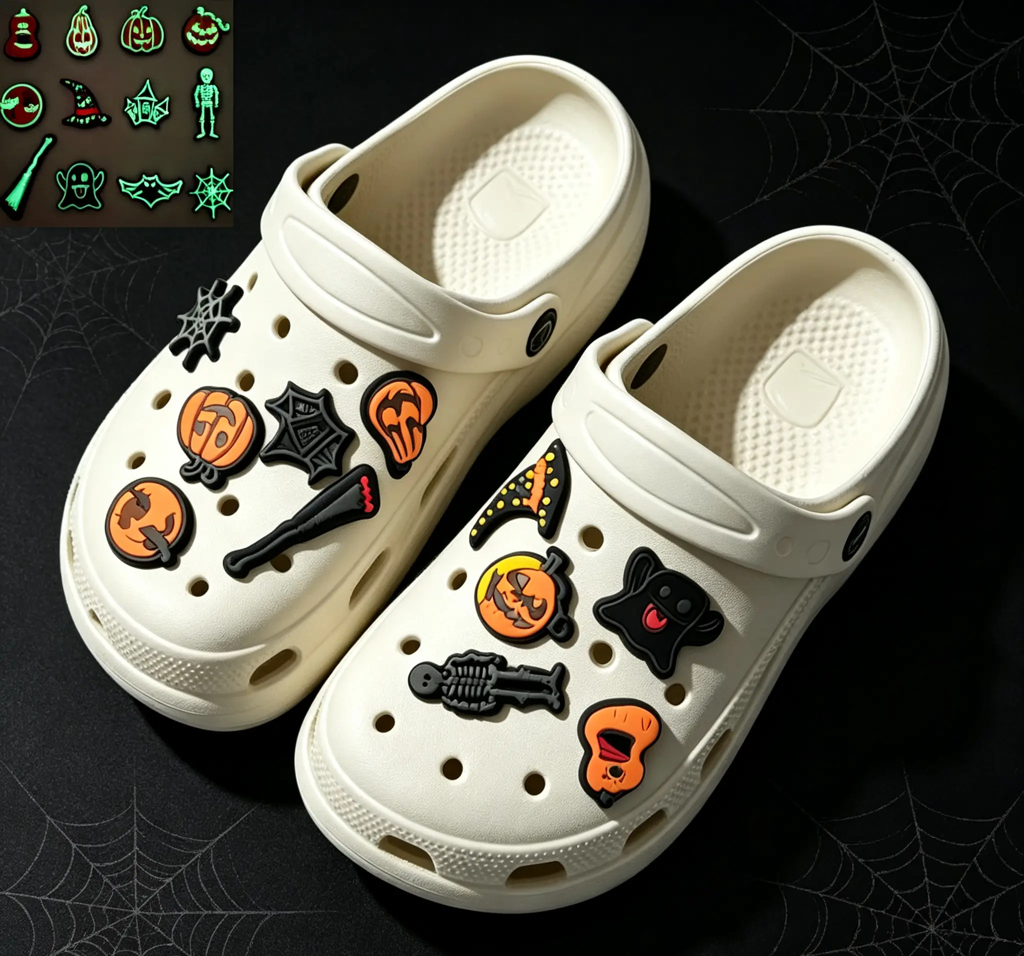 Halloween Glowinthe Dark Shoe Charms  12PC PVC Set Witch Hat, Spider, Pumpkin, etc for DIY Shoe Decoration Holiday Gift