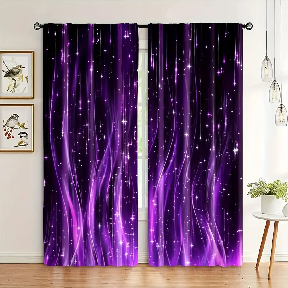 2 Pieces, 2D Flat, Starry Night Purple Curtains, Curtain Panels - Modern Privacy Wall Decor, Galaxy Design, Machine Washable Polyester, Perfect for Bedroom and Living Room Study Home Decor, Home Decorative Curtain