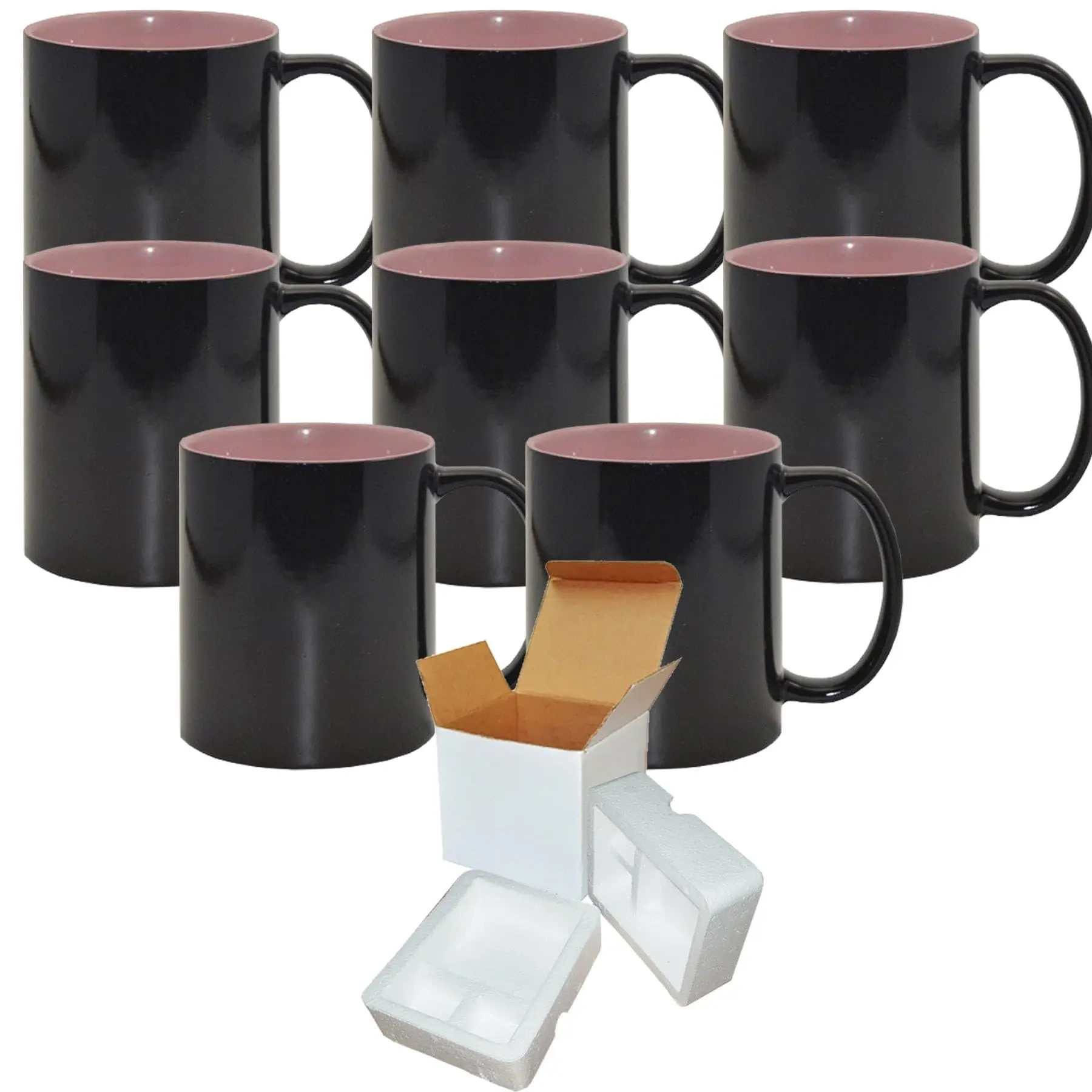8-Pack Sublimation Color Changing Mug Set (11oz) with Pink Interior | Individually Packaged and Protected in Foam Support Boxes