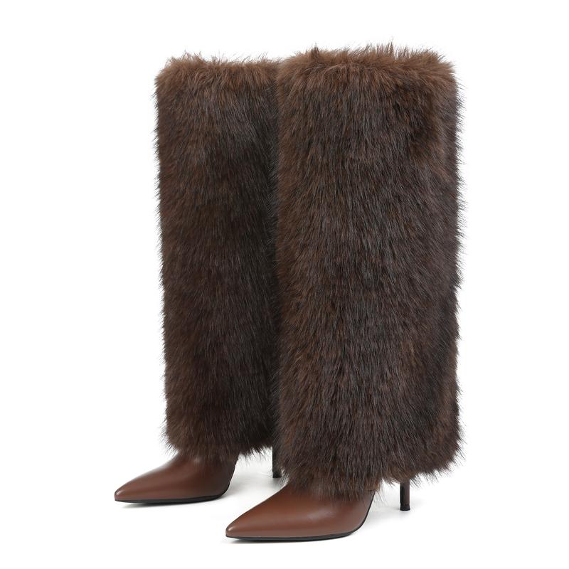 Womens Faux Fur Boots Winter Boots Knee High Boot Pointed Toe Stiletto High Heels Side Zipper Long Tall Wide Calf Pull On Comfy Christmas Party Elegant Nightclub Outdoor Fall Autumn Flurry Fuzzy Booties Fashion Shoes