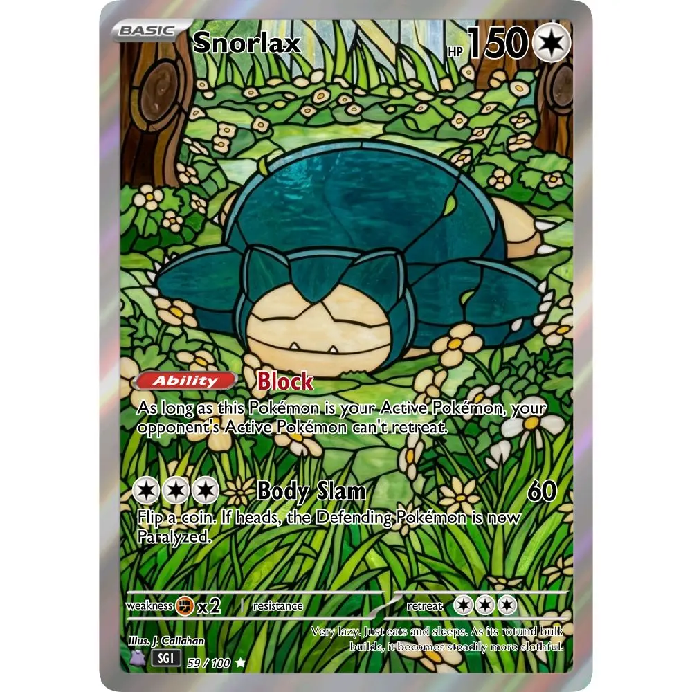 SNORLAX holo custom art card, stained glass artwork with cracked ice holo finish