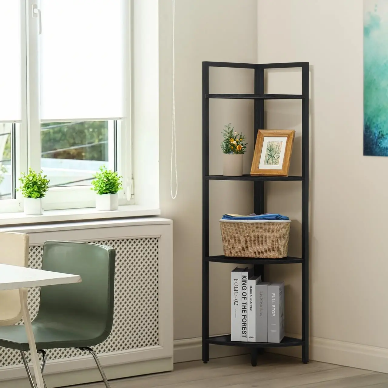 CAPHAUS Corner Bookshelf, 4 Tier Corner Shelf, 46.5-Inch Tall Corner Stand with Metal Frame, Industrial Round Corner Shelf Stand, Versatile Display Shelving Unit for Home Office Space, Black/Dark Grey/Rustic Oak/White