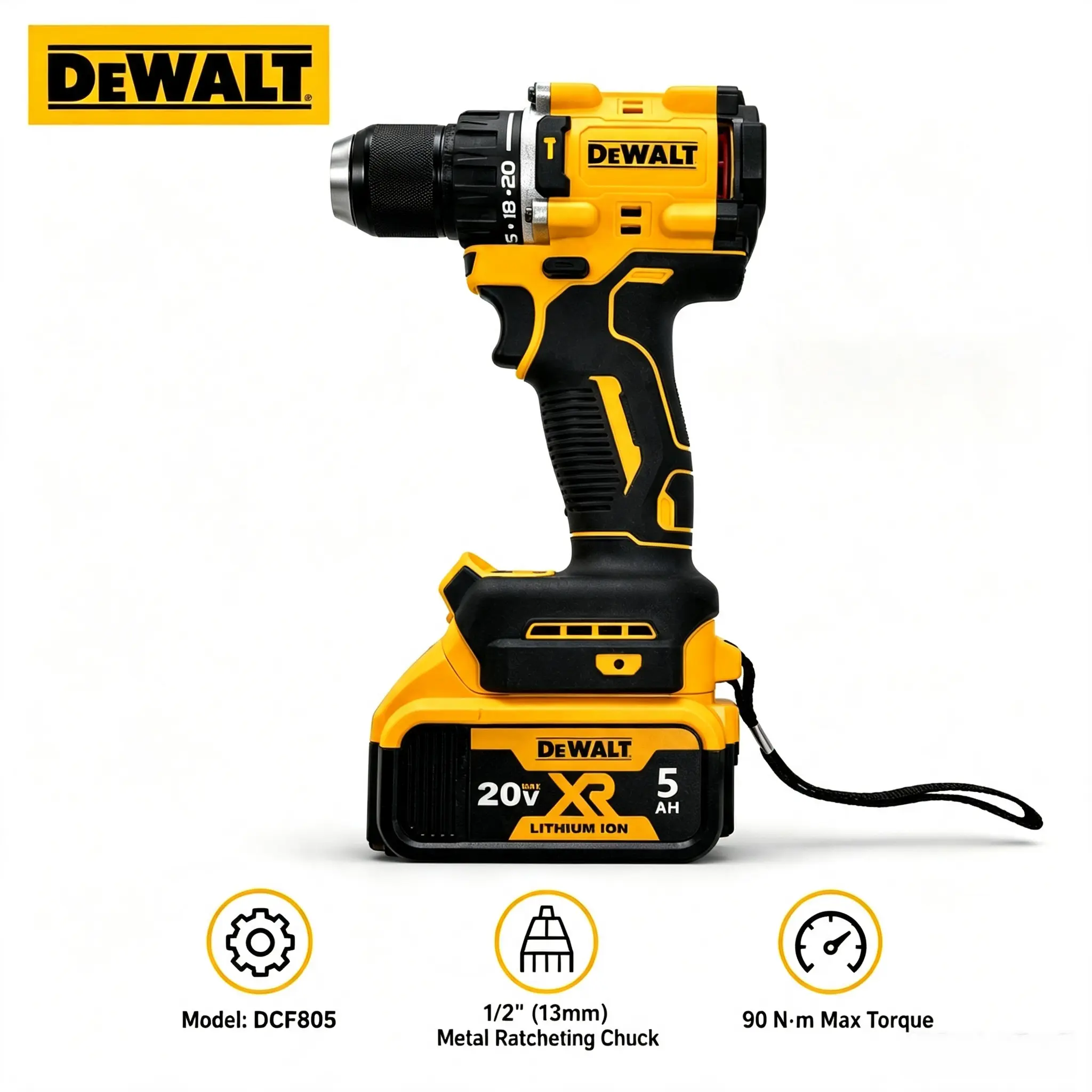 DEWALT DCF805 20V MAX Compact Brushless Hammer Drill - Cordless 3-in-1 Tool with Dual Speed, High Torque, Keyless Chuck, LED Light for Carpenters, Home Renovation, Narrow Space Applications