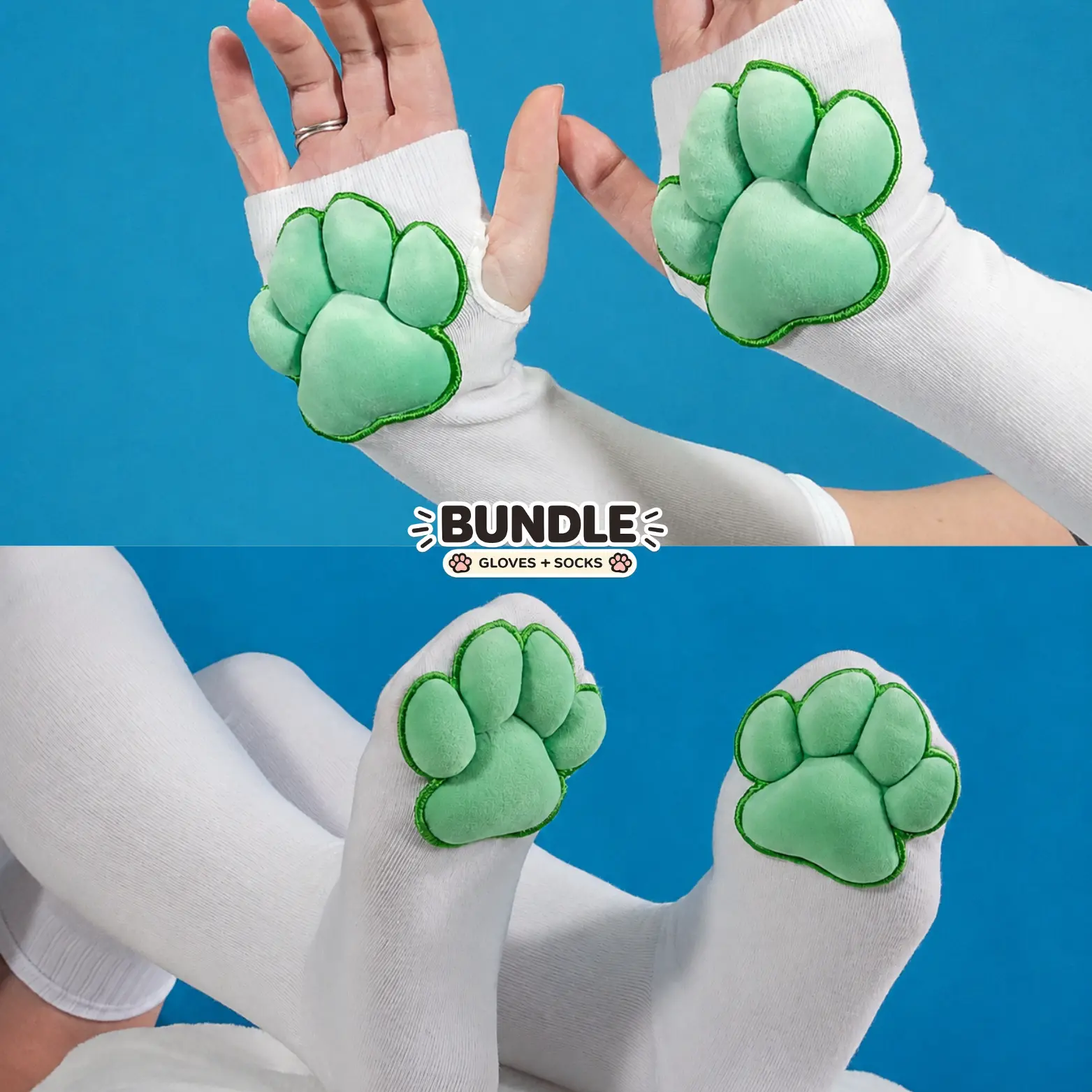 BUNDLE: Green Plush Paw Pads on White Fingerless Gloves and Socks