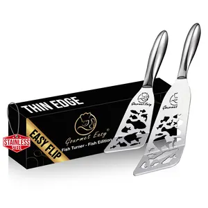 Gourmet Easy Stainless Steel Fish Spatula Set – Funky Fish Edition, 1 Large Fish Turner + 1 Small Metal Spatula, Ultra Thin Edge for Easy Turning & Flipping, Ergonomic Non-Slip Handle, Dishwasher Safe