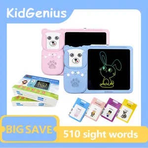 KidGenius English & Spanish Flash Card Set with 3 Language Modes 8 Inch LCD Writing Board 510 Vocabulary Words Durable Reusable Design for Kids Perfect Homeschool Teacher Tool & Holiday Learning Gift Ideal for Autism Therapy - Bear