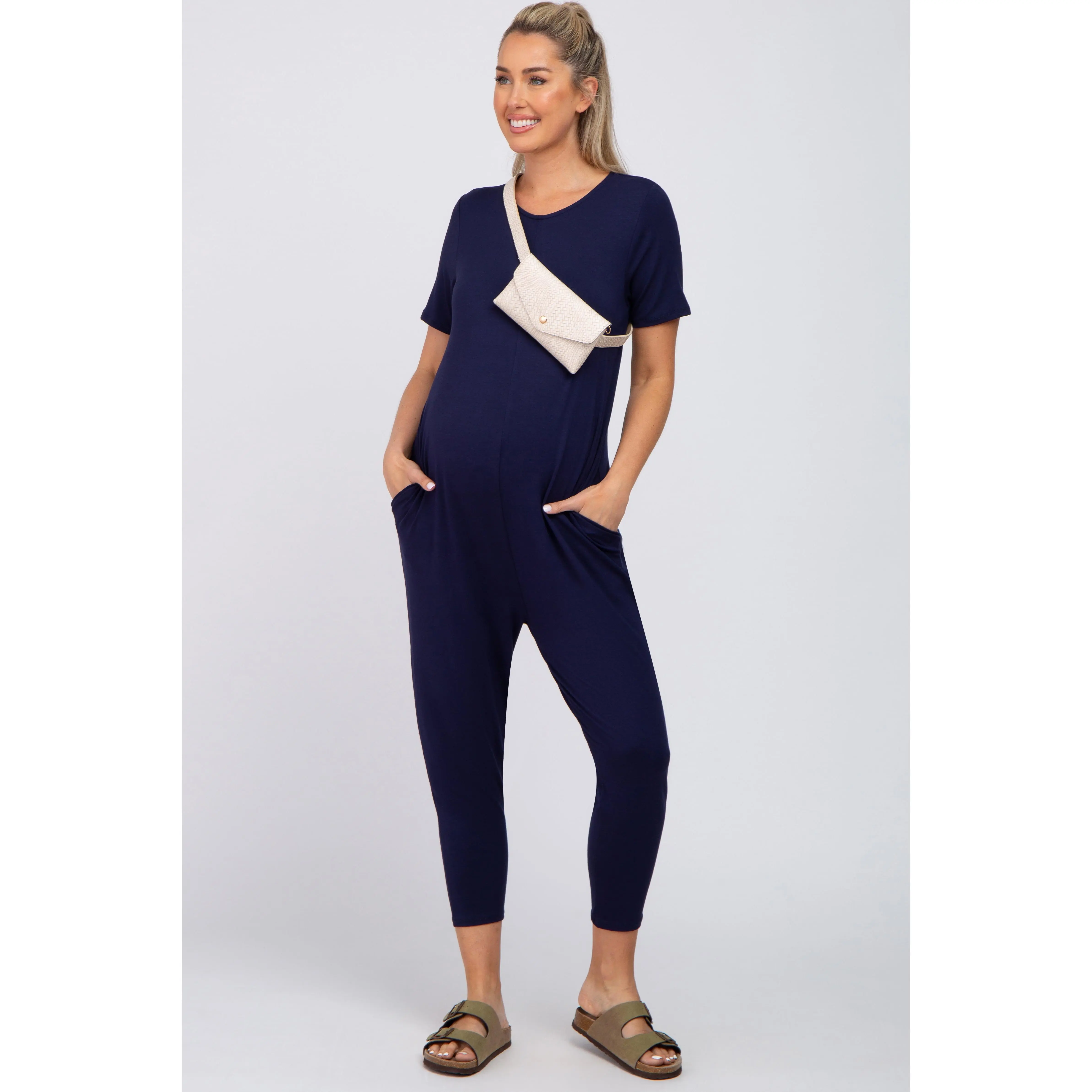 Navy Blue Basic Short Sleeve Maternity Jumpsuit