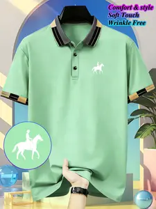 Fashion Casual Summer Short Sleeve Polo Shirt, Horse Print Outdoor Running Golf Collar, Button Front, Breathable Polyester Fabric