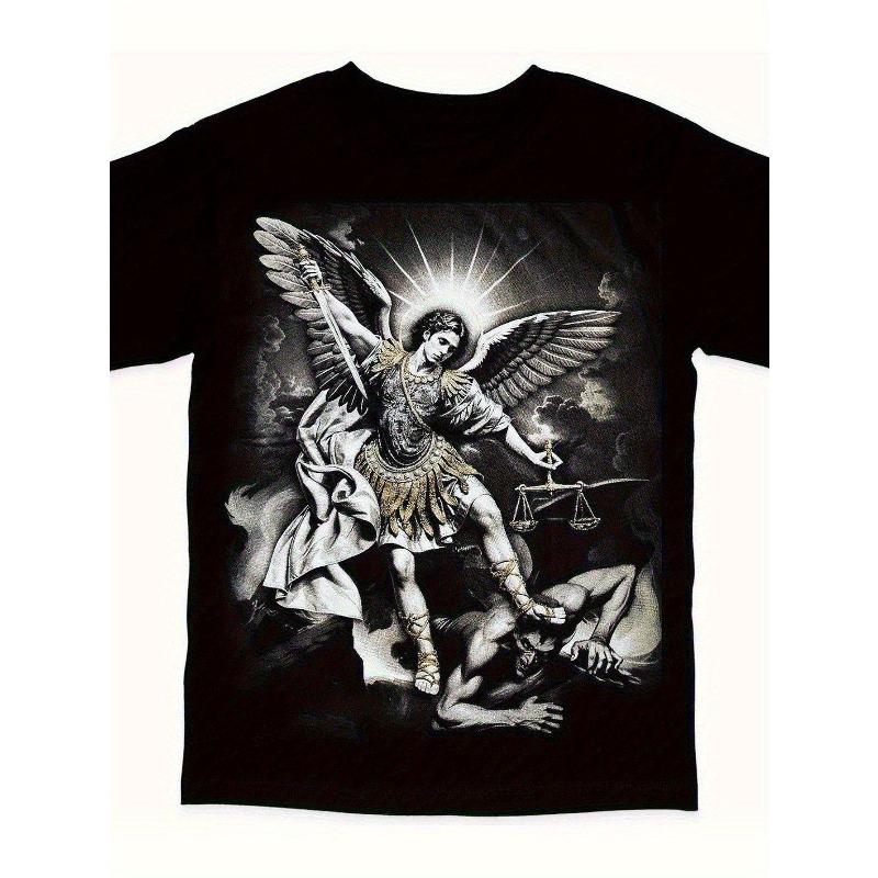 Unisex St. Michael the Archangel Full-Back Graphic Sport T-Shirt Catholic Justice Angel Gothic Oversized Cotton Streetwear Tee for Men & Women DTG Printed Breathable Fabric