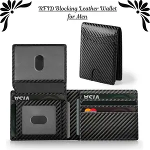 RFID Blocking Leather Wallet for Men – Slim Bifold Front Pocket Wallet, Carbon Fiber Card Holder, Minimalist Black Mens Wallet with Gift Box, Father’s Day Gift for Dad, Husband