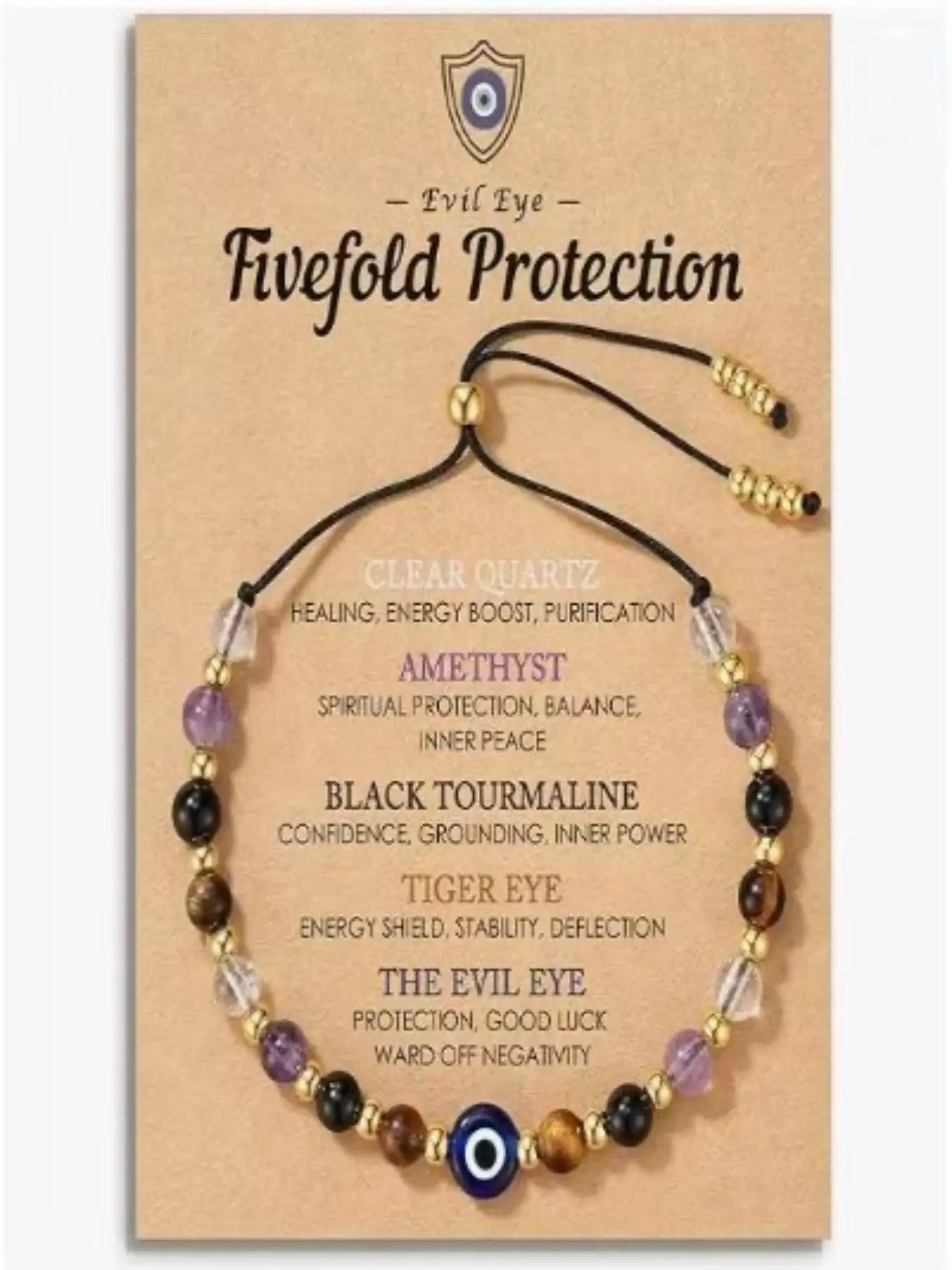 Evil Eye Dainty Bracelet Natural Crystal Protection, Adjustable Spiritual Guardian Jewelry Gift, Energy Bracelet, Clear Quartz Amethyst Tourmaline Tiger Eye, Adjustable Fit, All Seasons Wear, Gift With Meaning, Guardian Symbol, Crystal Bracelets