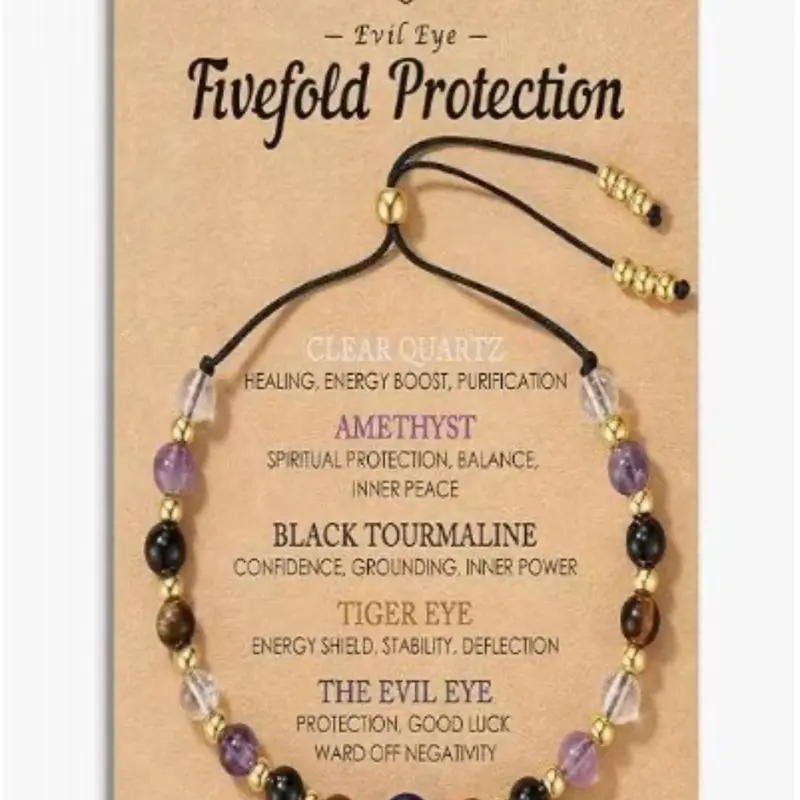 Evil Eye Dainty Bracelet Natural Crystal Protection, Adjustable Spiritual Guardian Jewelry Gift, Energy Bracelet, Clear Quartz Amethyst Tourmaline Tiger Eye, Adjustable Fit, All Seasons Wear, Gift With Meaning, Guardian Symbol, Crystal Bracelets