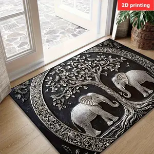 2D Printing Elephant Tree of Life Decorative Doormat Adds Warm Home Atmosphere Soft Comfortable Practical Entrance Rug Floor Mat for Indoor Living Room Bedroom Home Decoration