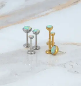 Flat Back Earrings Threadless Dainty Aqua Opal Gem 16G/18G/20G Push Pin Nose Ring Cartilage Piercing Gold Tone Labret Stud Helix 2-4mm