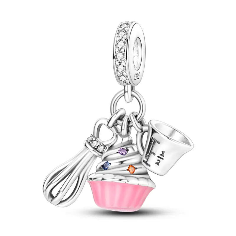 MULA Silver Plated Baking Charm Set with Whisk Measuring Cup & Pink Cupcake Colorful CZ Dessert Dangle Bead Fits Most Bracelets & Necklaces Baker Gift for Her DIY Jewelry Birthday Christmas