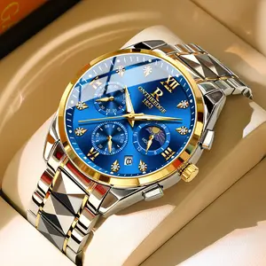 ONTHEEDGE Luxury Men's Luminous Waterproof Sun Moon Stars Quartz Watch with Chronograph Calendar 42mm Dial Stainless Steel Strap