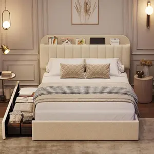 Full Bed Frame with Storage Headboard-2 Drawers & Boucle Upholstered Platform,Bookcase Design,No Box Spring,White