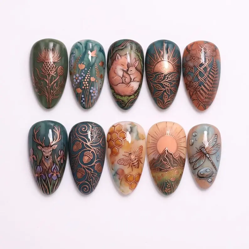 Woodland Forest Press On Nails | Hand Painted Fox Deer Bee Dragonfly Floral Nail Art | Cottagecore Botanical Almond Nails | Nature Inspired Handmade Nail Set