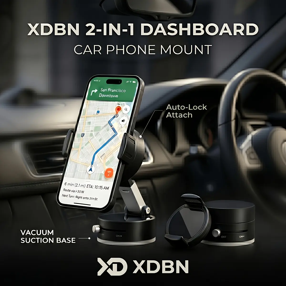 XDBN A12 2-in-1 Detachable Magnetic Car Phone Holder, Auto-Lock Suction Mount for Dashboard, Windshield