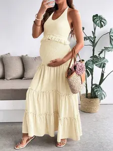 MaterniRIO Pale Yellow Maternity Set - Sexy Halter Halter Fringed Top & Comfortable A-Line Skirt 2PCS Set for Pregnant Women