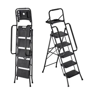 VEVOR 5 Step Ladder, Folding Step Stool with Wide Anti-Slip Pedal, Tool Tray, Dual Side Handrails, 600 lbs Capacity Portable Steel Ladder, Multi-Use for Kitchen, Home, Household and Office, Black