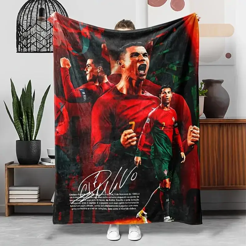 Cristiano Ronaldo Portugal National Team Flannel Blanket - Vibrant Sports Theme Football Team Logo Print, Soft All-Season Multi-Use Throw for Home, Camping - Perfect Gift for Sports Fans, Camping Essential, Sports Theme Blankets, Football Blankets
