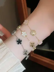 Women's 14k Gold Plated Flower Bracelet, Stackable Bracelets, Elegant Five-Petal Design Jewelry for Women, Perfect Gift for Her Birthday Anniversary