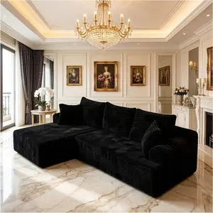 96" Sectional Sofa Couches for Living Room, Corduroy Cloud Couch Sofa, L-Shape Upholstered Boneless Couchs Modern Modular Sectional Couch with Chaise Lounge and Toss Pillow (Black + Left Facing Chaise)