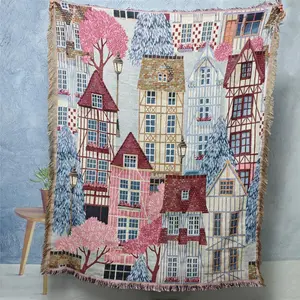 House Pattern Tassel Throw Blanket, Bohemian Style Soft Warm Nap Blanket, Air-conditioned Room Blanket, Warm Nap Blanket for Home Office Travel, Floral Blanket