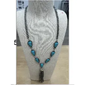 Navajo pearl with turquoise y-shape necklace with a tassel
