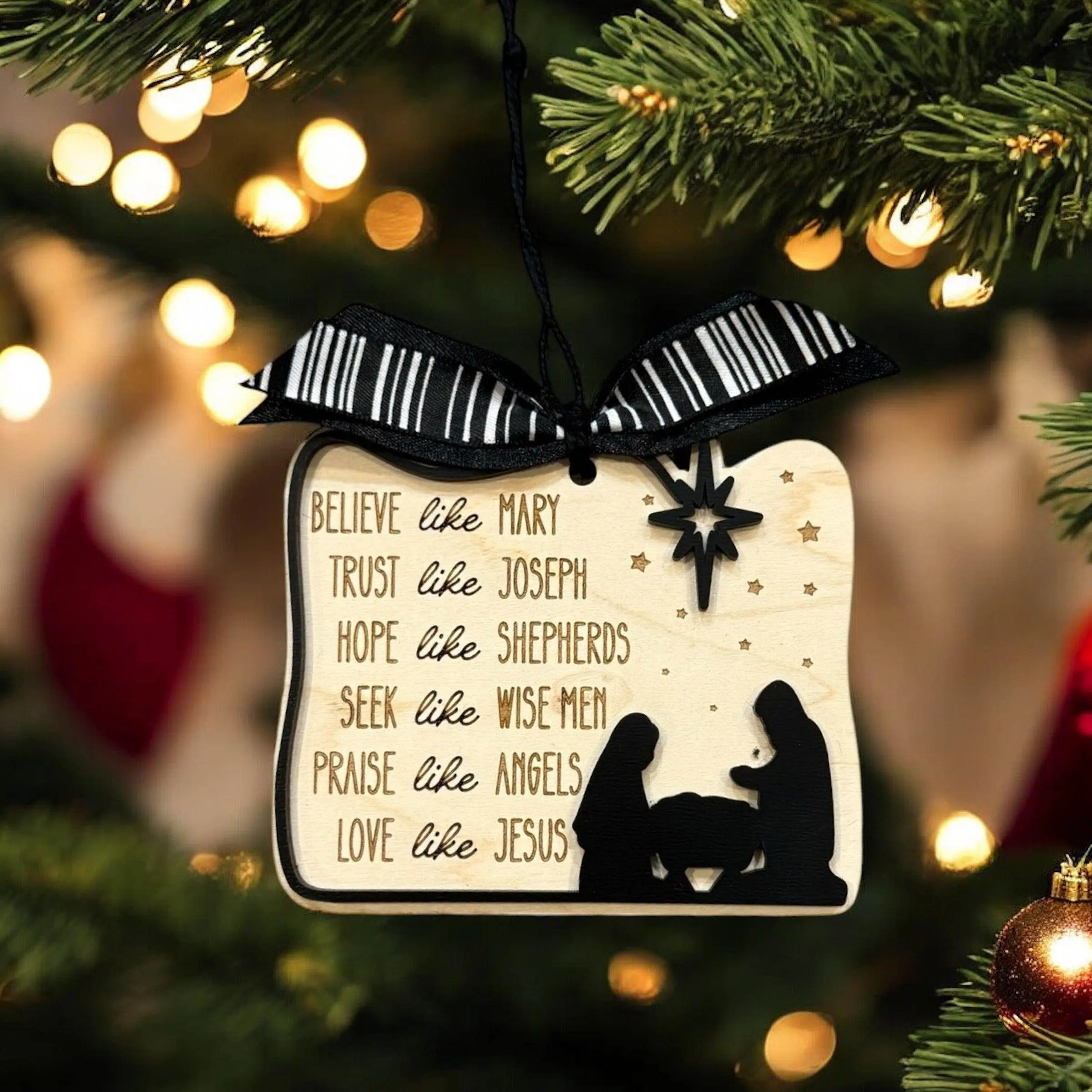 Nativity Christmas Ornament – Inspirational Wooden Nativity Scene Decor with Ribbon