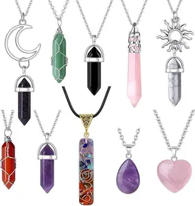 10 Pcs Crystal Necklace Healing Amethyst Crystals Carnelian Chakra Necklaces Evil Eye Necklace Vintage Hippie Wiccan Boho Rose Quartz Moon Sun Jewelry Heart Gemstone Pendant for Women