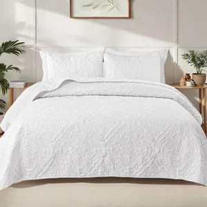King Size Bedspread with 2 Pillow Shams, Lightweight White King Bedding Set with Vintage Damask Pattern, Soft Bedspreads Coverlets for All