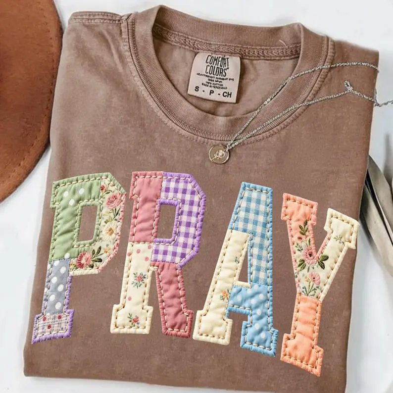 Comfort Color Pray Print Shirt, Faux Quilted Religious T-shirt, Faux Embroidered Easter Christian Sublimation, Varsity Faith T-shirt, Preppy Cottagecore Jesus Shirt