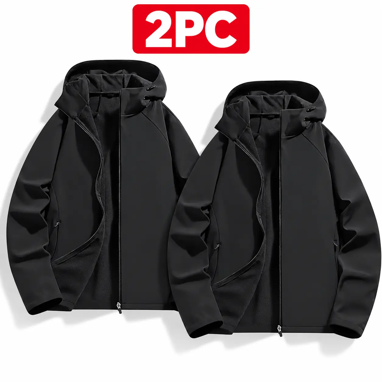 2PC Men's Black Fitted Softshell Jackets, Hooded Fleece-Lined Long-Sleeve Zip-Up Coats, Minimalist Foldable Outerwear for Outdoor Activities & Casual Wear