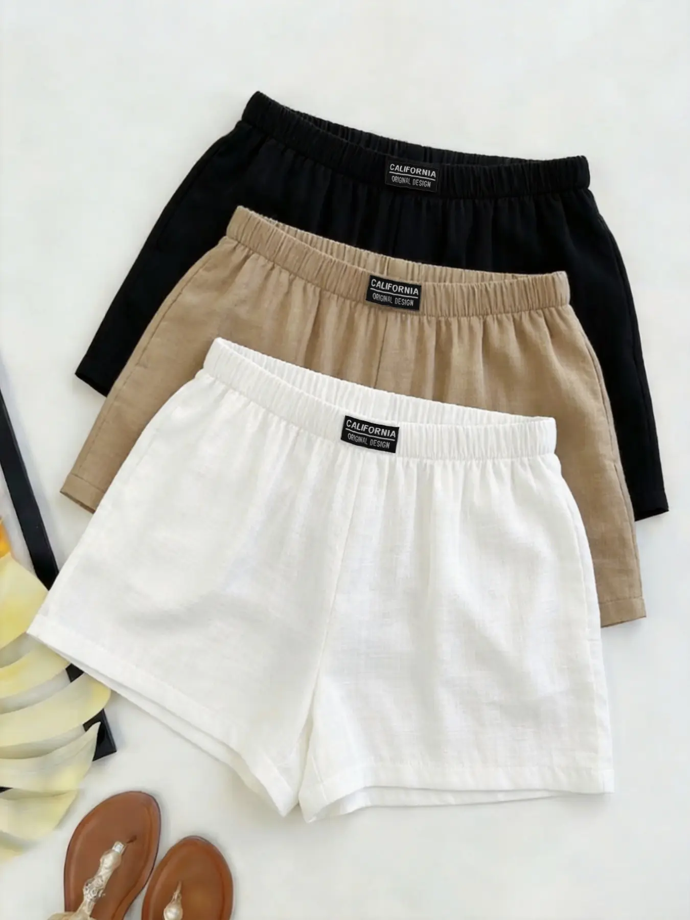 3-Pack Linen Blend Elastic Waist Shorts – Casual Solid Color Relaxed Fit Shorts for Women, Beach Shorts Clothes, Summer Loungewear, Breathable Lightweight Fabric, Everyday & Beach Outfit Staple, Versatile Neutral Bottoms for Comfort Style Lovers