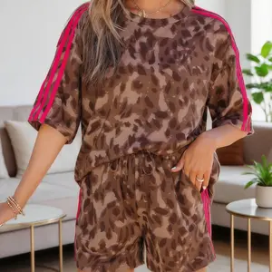 Brown Contrast Striped Accent Leopard Short Set