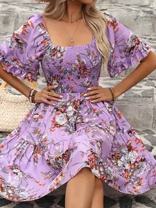 Boho Style Feminine Floral Dress, Square Neck, Puff Sleeves, Ruffle Hem, A-Line Cut, Women's Summer Vacation Casual Short Dress, Multicolor