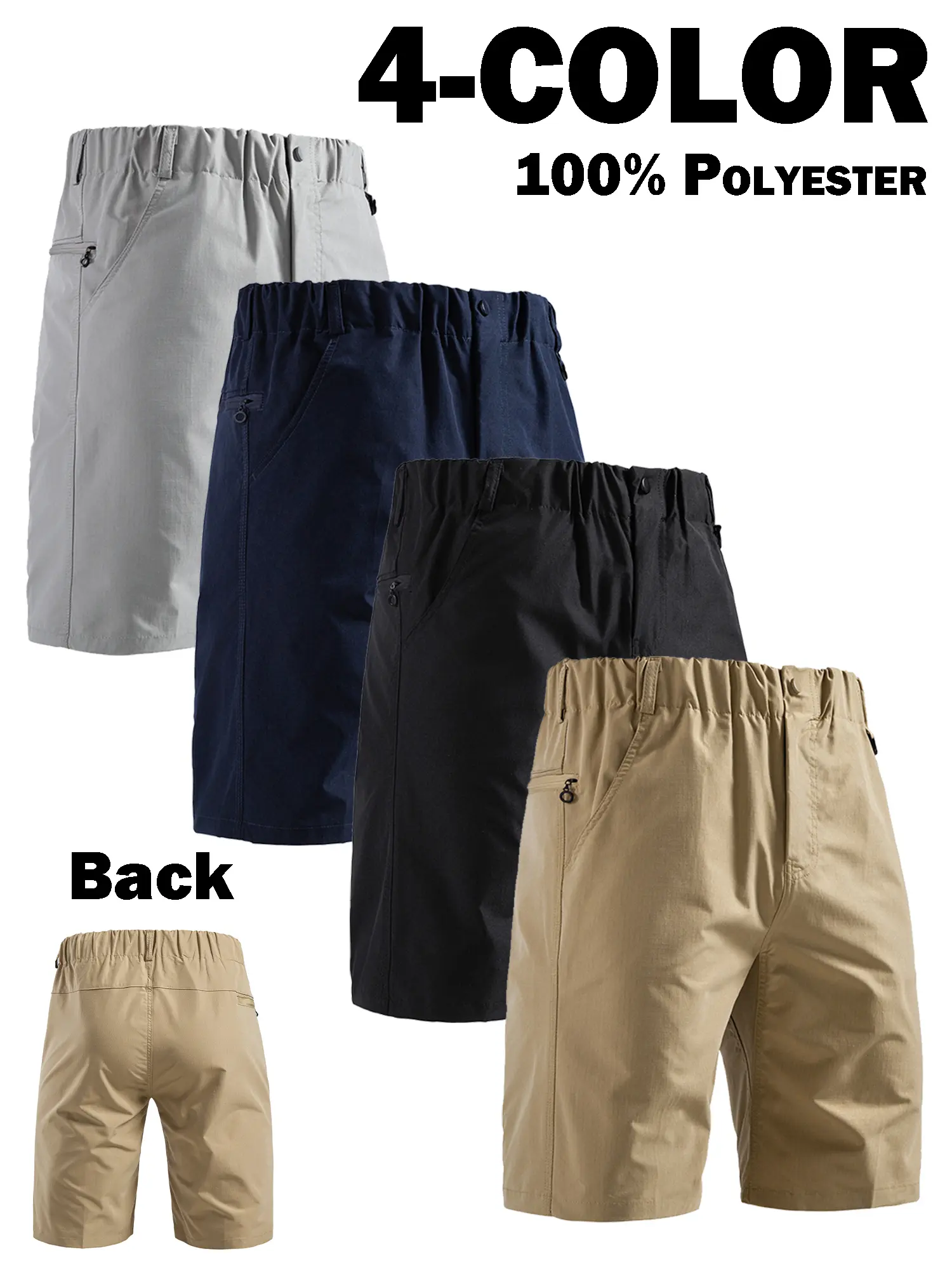 Men's Casual Athletic Short Pants, Quick-Dry Polyester with Zippered Pockets and Elastic Waist, Knee-Length for Running & Golf