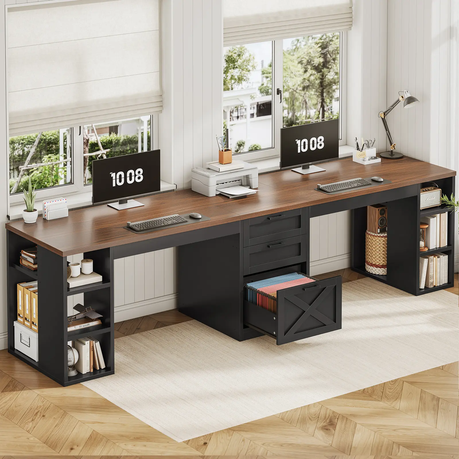 Sedeta 96.5 In Classic Wood & Metal Farmhouse 2-Person Wood Workstation Desk - Stable Tabletop, Multi-Drawer Storage Platform, Shelves, Durable Metal Frame Base, Printer Stand for Dual Monitor/Gaming Desk/Studio Setup, Office Inspo WFH Use, Storage Drawer