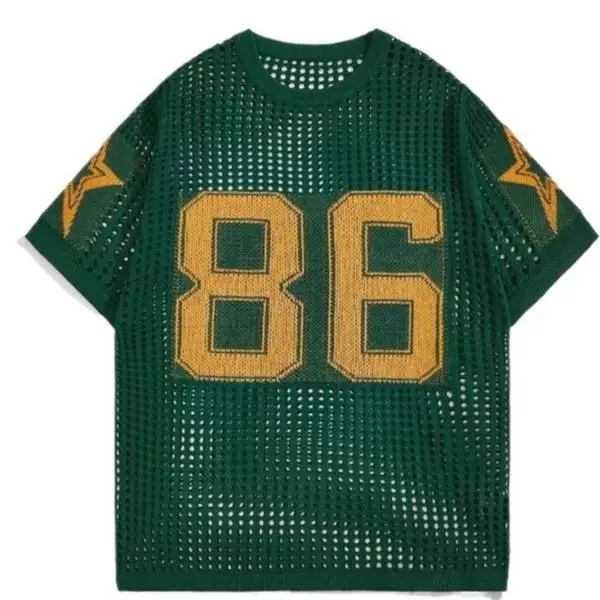 HYPESTFIT Men's Jacquard Hollow Out Knitted Sweater Shirt Street Life Number Graphic Round Neck Shrt Sleeve Pullovers Top Football Style Casual Knit