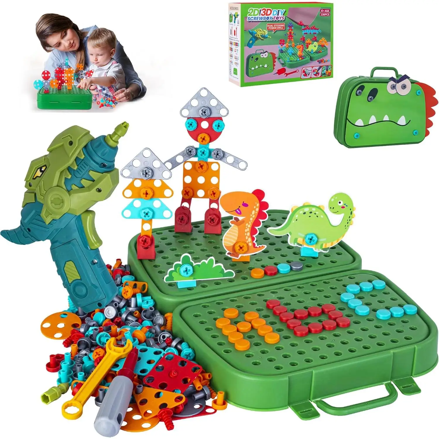 230Pcs Dinosaur Toy Magic Montessori Play Toolbox - 2D/3D Creativity STEM Toys Gift with Dinosaur Drill, Montessori Play Tools for Boys and Girls Ages