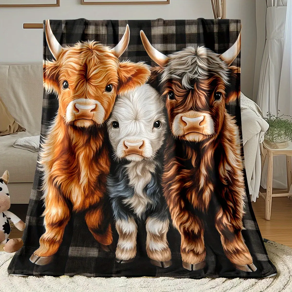 Watercolor Highland Cow Design Flannel Plush Throw Blanket - Classic High-Definition Buffalo Check, Breathable, Multi-Size, Travel-Friendly, All-Season for Couch & Bed, Ideal Gift for Enthusiasts, Cow Design Throws, Flannel Plush Throws