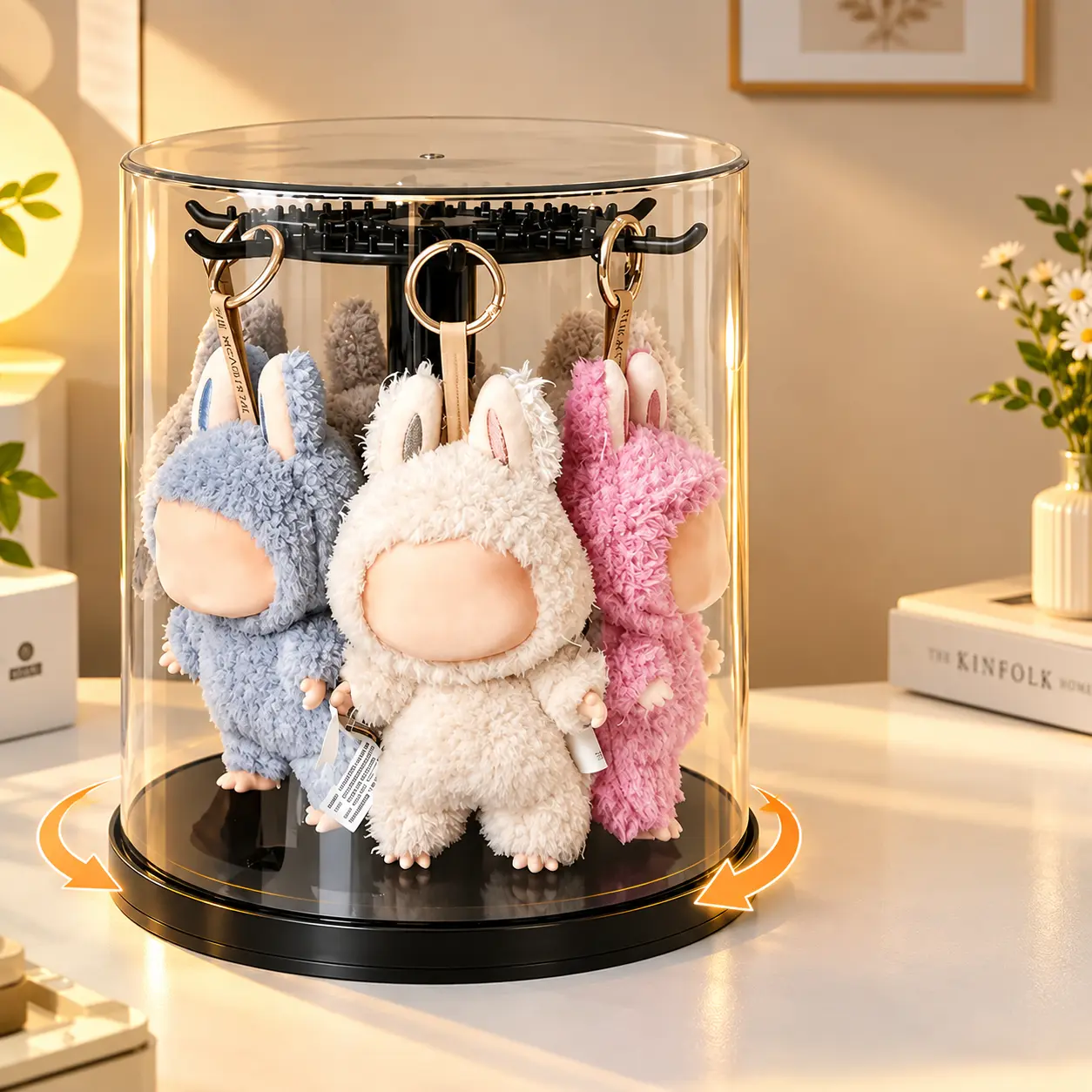 summerwins Round 360° Rotating UV-Resistant Acrylic Stackable Decorative Shelf Display Case - Smooth Minimalist Room Decor Organiser, Lidded Dustproof Waterproof Storage Box for Desks, Plushies, Collectibles, Sliding/Hanging Racks