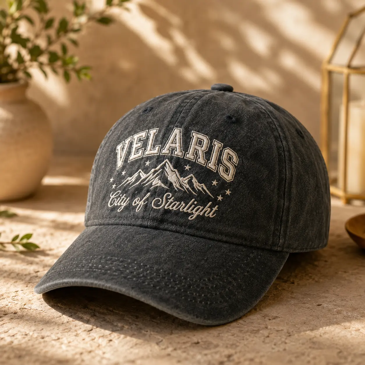 Velaris City of Starlight Embroidered Dad Hat, Washed Black Mountain Cap, Adjustable Fantasy Reader Hat