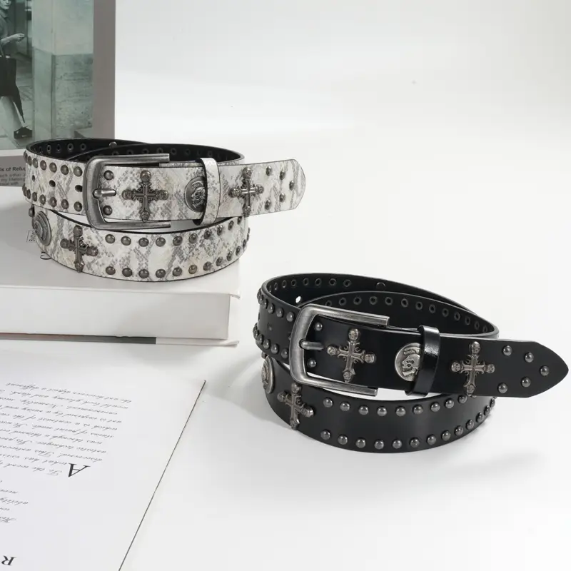 Gothic Faux Leather Belt with Full Rivets and Cross Accents, Punk Streetwear Accessory with Vintage Pin Buckle