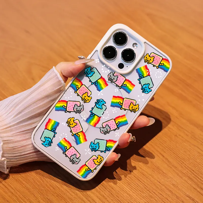Customized Pixel Art Nyan Cat Acrylic Matte Magnetic Smartphone Cover Protector - Phone Accessories for iPhone 11,12,13,14,15,16,16E,Mini Series Devices, Anti-Fingerprint, Wear-Resistant, Anti-Scratch, Wireless-Friendly